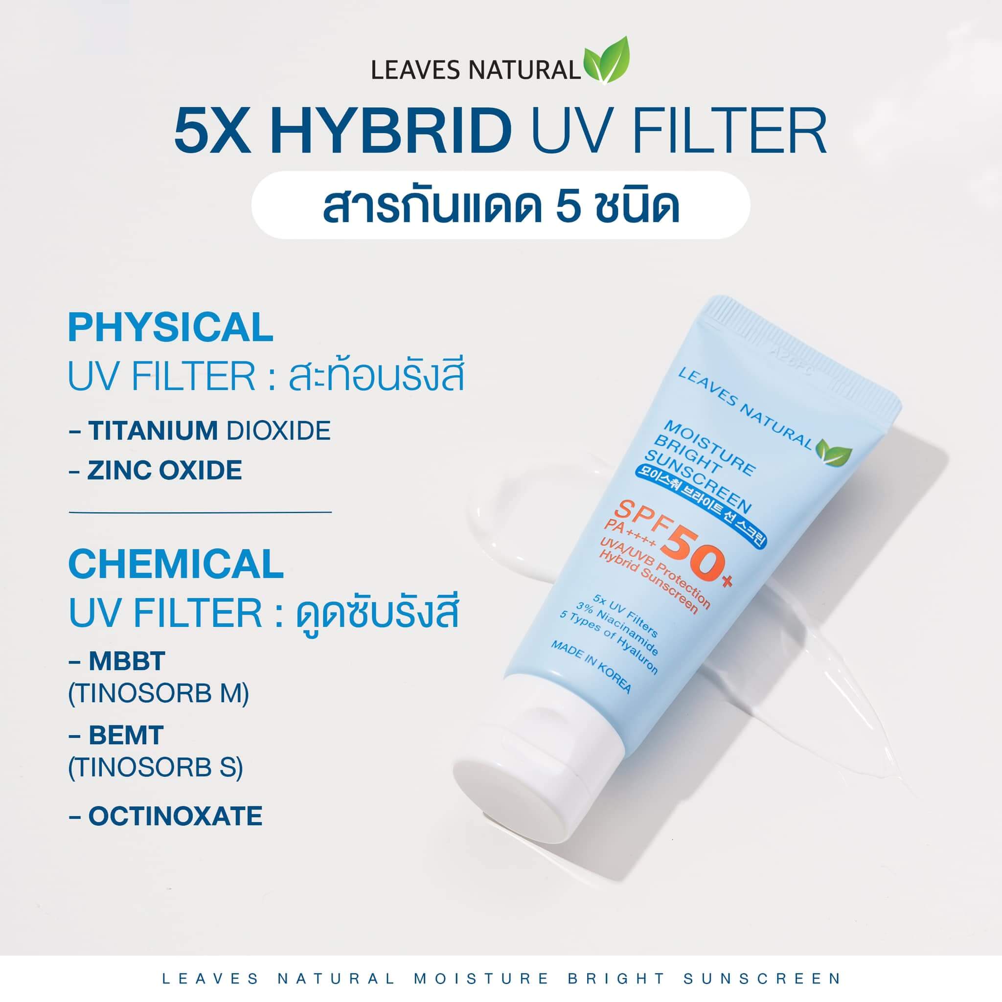 Leaves Natural,Moisture Bright Sunscreen,Sunscreen, Sunscreen, ครีมกันแดด,กันแดด,Moisture Bright Sunscreen SPF50+PA++++